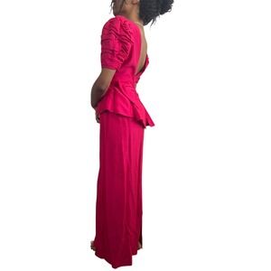 Vintage 80s Dessy Creations Pink Puff Sleeve Bow Back Gown Sz 8 Peplum Maxi